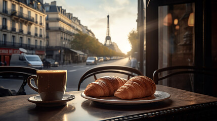 Des croissant et un café posé sur une table d'une terrasse parisienne. La tour Eiffel en arrière plan. 