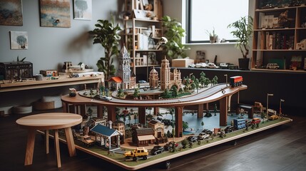 An imaginative play area complete with a miniature cityscape and toy cars AI generated