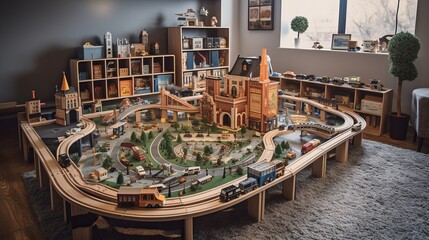 Fototapeta na wymiar An imaginative play area complete with a miniature cityscape and toy cars AI generated