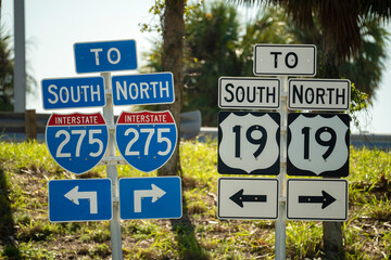 Blue direstional road sign indicating direction to I-275 freeway interstate highway serving the...