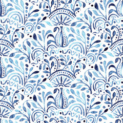 Blue and white seamless watercolor pattern. Grunge vintage texture. Bohemian textile print in doodle style.