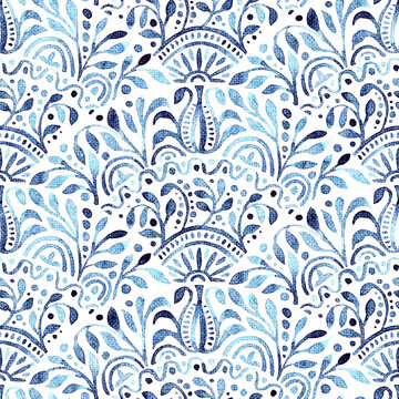Blue and white seamless watercolor pattern. Grunge vintage texture. Bohemian textile print in doodle style.
