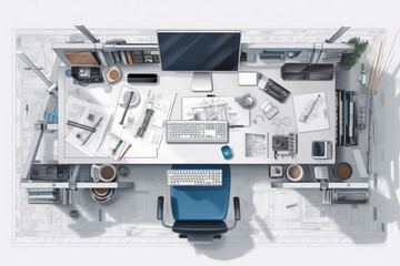 Top-down view of an architect's desk with a blueprints generative ai - 594670832