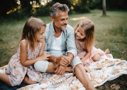 An aged father with little daughters are relaxing in park. Happy father's day. Happy family picnic. Ai generated.