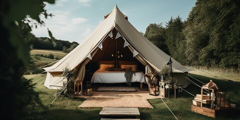 Glamping camping teepee tent. Summer white camping. Nature green tourism. Generative AI