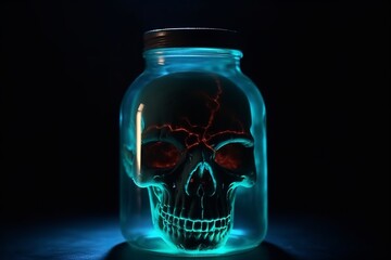 Spooky Bioluminescent Zombie Head in a Jar: A Chilling Display of Horror and Science Fiction, bioluminescence, zombie, head, jar, horror, science fiction, spooky, undead, macabre, 