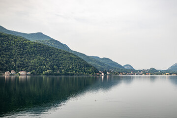 Morcote, Ticino, Switzerland - May 21, 2022 View of Lake Lugano from  Morcote