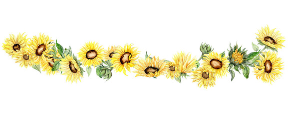 Watercolor horizontal seamless background with sunflowers. Butterflies in cartoon style. Hand drawn illustration of summer. Perfect for scrapbooking, kids design, wedding invitation. greetings cards.