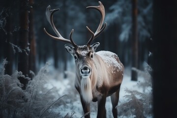 Beautiful reindeer standing in dark snowy forest clearing. Christmas holiday. Generative AI