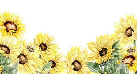 Watercolor horizontal seamless background with sunflowers. Butterflies in cartoon style. Hand drawn illustration of summer. Perfect for scrapbooking, kids design, wedding invitation. greetings cards.