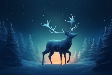Reindeer with glowing horns at night. Christmas holiday. Generative AI