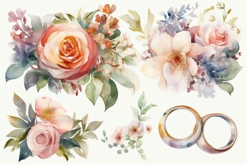 Watercolor Wedding Rings And Flowers. Generative AI