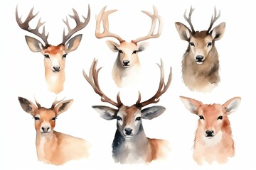 Watercolor Christmas reindeer faces on white background. Christmas holiday. Generative AI