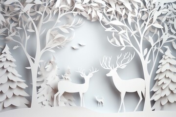 Winter papercut design with snowflakes, trees, and reindeer on white background. Christmas holiday. Generative AI