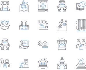 Information hubs line icons collection. Knowledge, Resource, Repository, Platform, Database, Portal, Archive vector and linear illustration. Center,Collection,Warehouse outline signs set