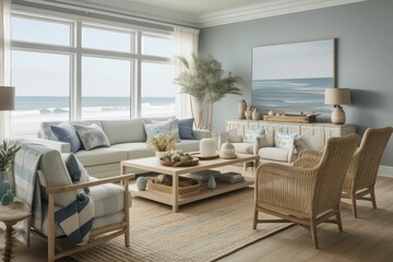 Fototapeta na wymiar Large Living Room with a Serene Sea View Using Generative AI