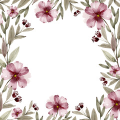 Square frame with delicate pink watercolor flowers painted by hand.	
