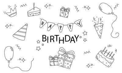  Birthday Doodle Set, Outline Decoration, Linar Elements, Concept, Web Graphic, element, Party, Sketch, Vector Illustration, 