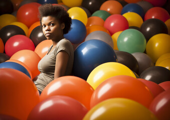 Fototapeta na wymiar Woman sitting in a room filled with colorful plastic balls, Generative AI
