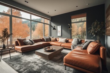 Beautiful and large living room interior, generative ai