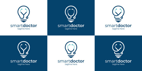 Collection of light bulb logo design with stethoscope design graphic vector illustration. Smart doctor symbol, icon, creative.
