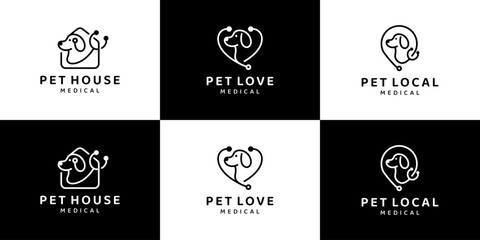 Collection of animal pet logo design with love, house, location and stethoscope design graphic vector illustration. Pet care symbol, icon, creative.