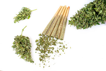Pre-Roll marijuana joint with cannabis buds on the white background