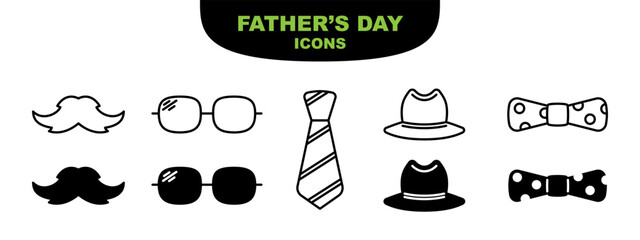 Bow, ties, hat, mustache icon set, father day illustration