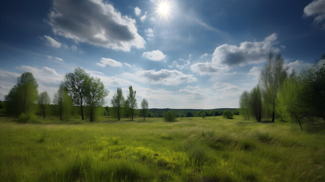 A beautiful landscape of rolling hills with a vibrant green pasture in the foreground. © CanvasPixelDreams