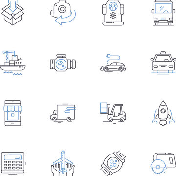 Implementations line icons collection. Execution, Application, Integration, Deployment, Installation, Realization, Utilization vector and linear illustration. Materialization,Instantiation