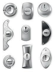 Metal or steel secure keyholes. Element for door locks, templates. Realistic silver or chrome key holes mockup isolated on white background