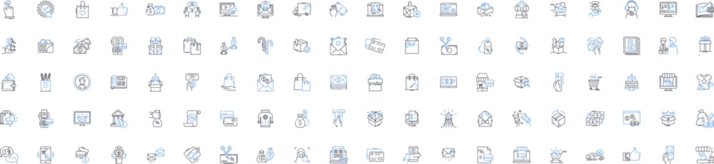 Retail culture line icons collection. Consumerism, Customer service, Merchandising, Branding, Purchasing, E-commerce, Fast fashion vector and linear illustration. Sales,Experience,Discounts outline