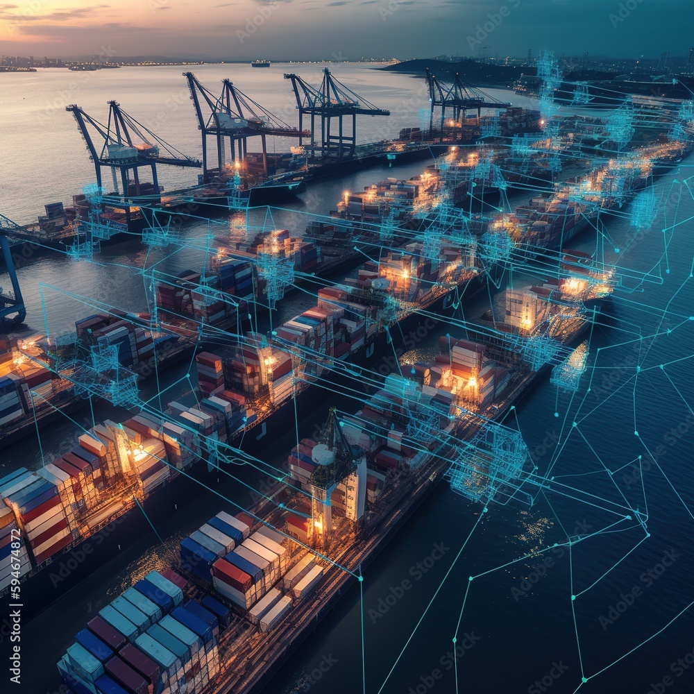 Poster distribution through a worldwide logistics network and shipping of containers smart logistics. gener