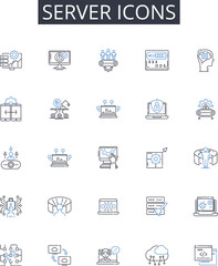 Server icons line icons collection. Computer symbols, Desktop graphics, Interface buttons, App icons, Online symbols, Virtual buttons, Web icons vector and linear illustration. Software graphics