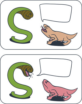 The image shows a small comic with two characters and frames. First, the lizard says something, and then the snake answers.