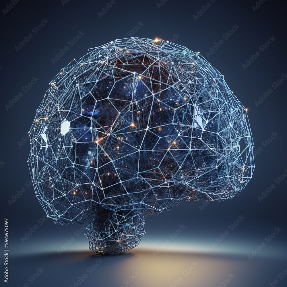 Poster abstract brain hologram on blue background and flashing dots form a digital brain shape. generative 