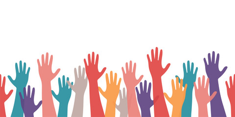 Fototapeta premium Hands raised up, different people from different ethnic groups. isolated on white background. Colorful silhouettes of people's hands, vector interracial illustration
