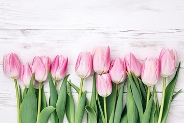 Obraz na płótnie Canvas pink tulips on wooden white background, ai generative