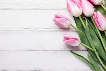 pink tulips on wooden white background, ai generative