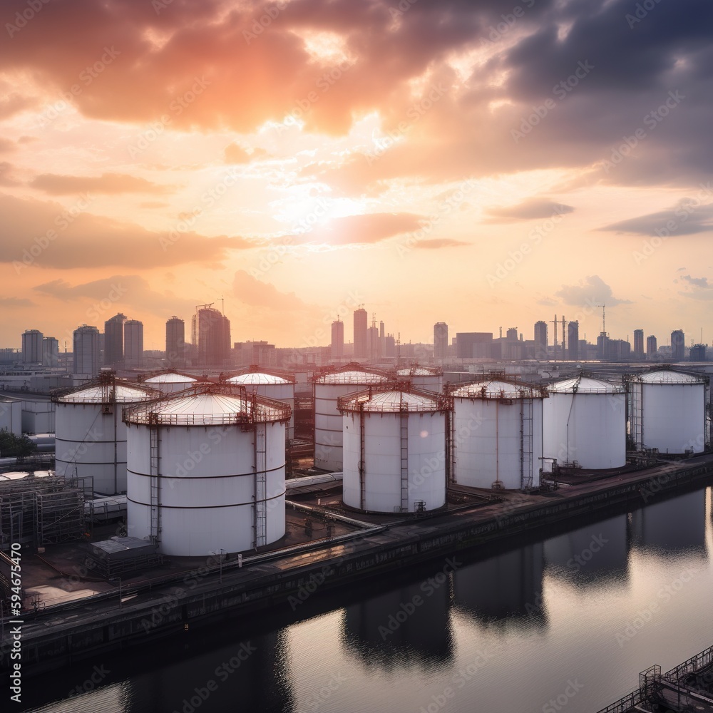 Wall mural oil and gas chemical tank with an oil refinery plant in the background. generative ai