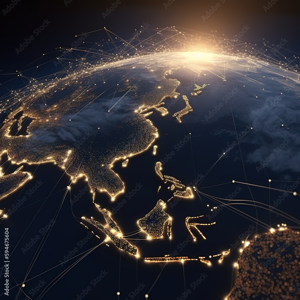 Poster digital map of the earth and huge network gradually visible by sun light shadow. generative ai