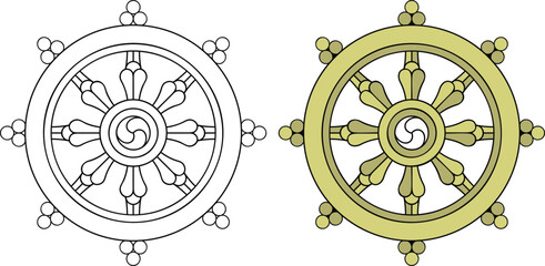 Dharma wheel Bhuddism symbol vector illustration. Chakra wheel. - obrazy, fototapety, plakaty