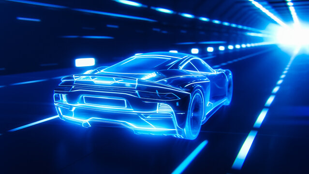 3D Car Model: Detailed Silhouette of Sports Car Driving at High Speed, Racing Through the Tunnel into the Light. Blue Supercar Made of Lines Driving Fast on Highway. VFX Special Effect Image.