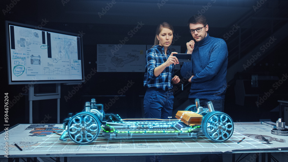 Poster automotive engineers working on 3d electric car design through smartphone ar software. using gesture