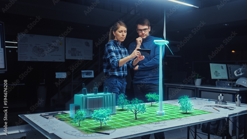 Poster renewable energy engineers design 3d wind turbine park using augmented reality hologram and smartpho