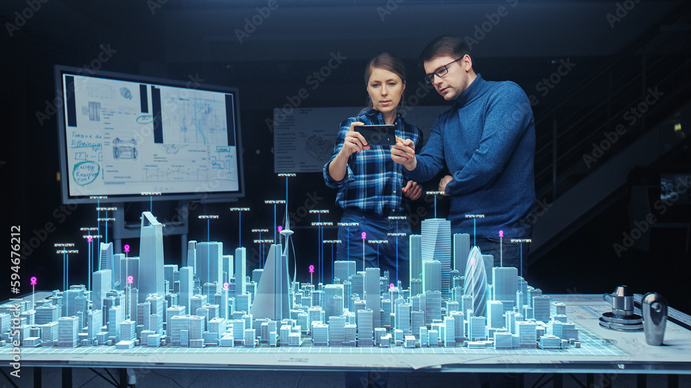 Poster architect and engineer have discussion, use augmented reality smartphone to design sustainable 3d me