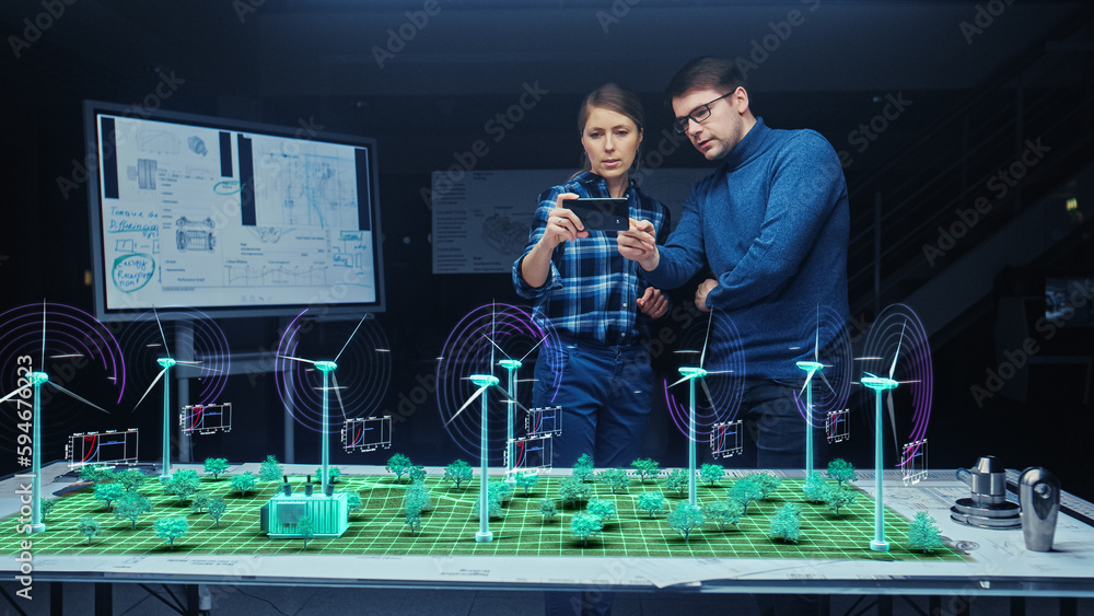 Poster renewable energy engineers design 3d wind turbine park using augmented reality software and smartpho