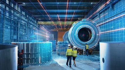 Futuristic Technology Concept: Team of Engineers and Professionals Workers in Heavy Industry...