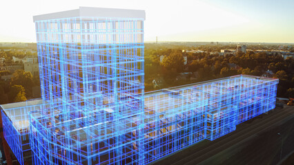 Aerial Drone Footage with VFX Concept: Building Construction Site Becomes Finished Project with 3D...
