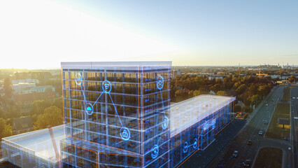 Aerial Drone Footage with VFX Concept: Building Construction Site Gets Finished with 3D Graphics on Image with Internet Icon Signs. Visualization, Digitalization, Design, Development of Smart City